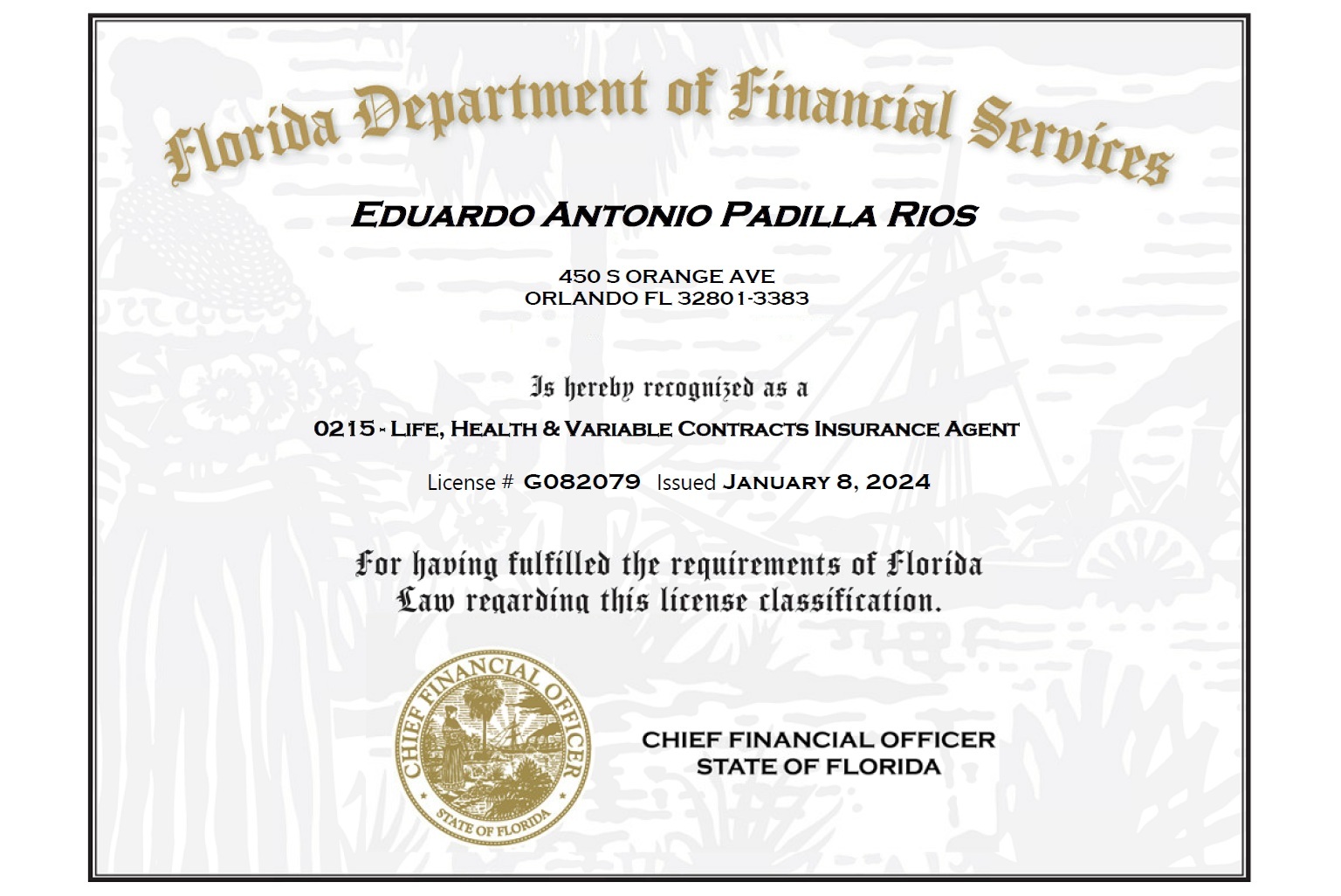 LICENSE CERTIFICATE FL